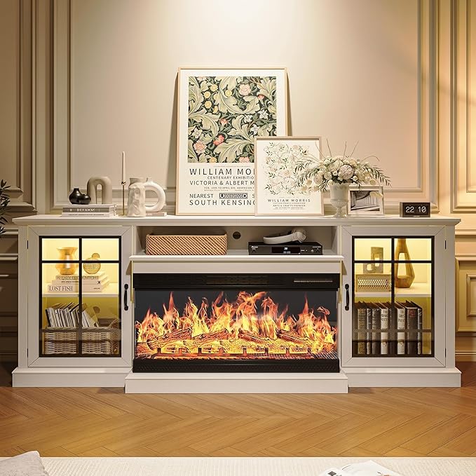 MXV 80'' Fireplace TV Stand, Farmhouse Entertainment Center with 3 Sided Glass TV Stand, Modern Media Console Table with Storage Drawers & Cabinets with LED Flame and Lights for Living Room, White