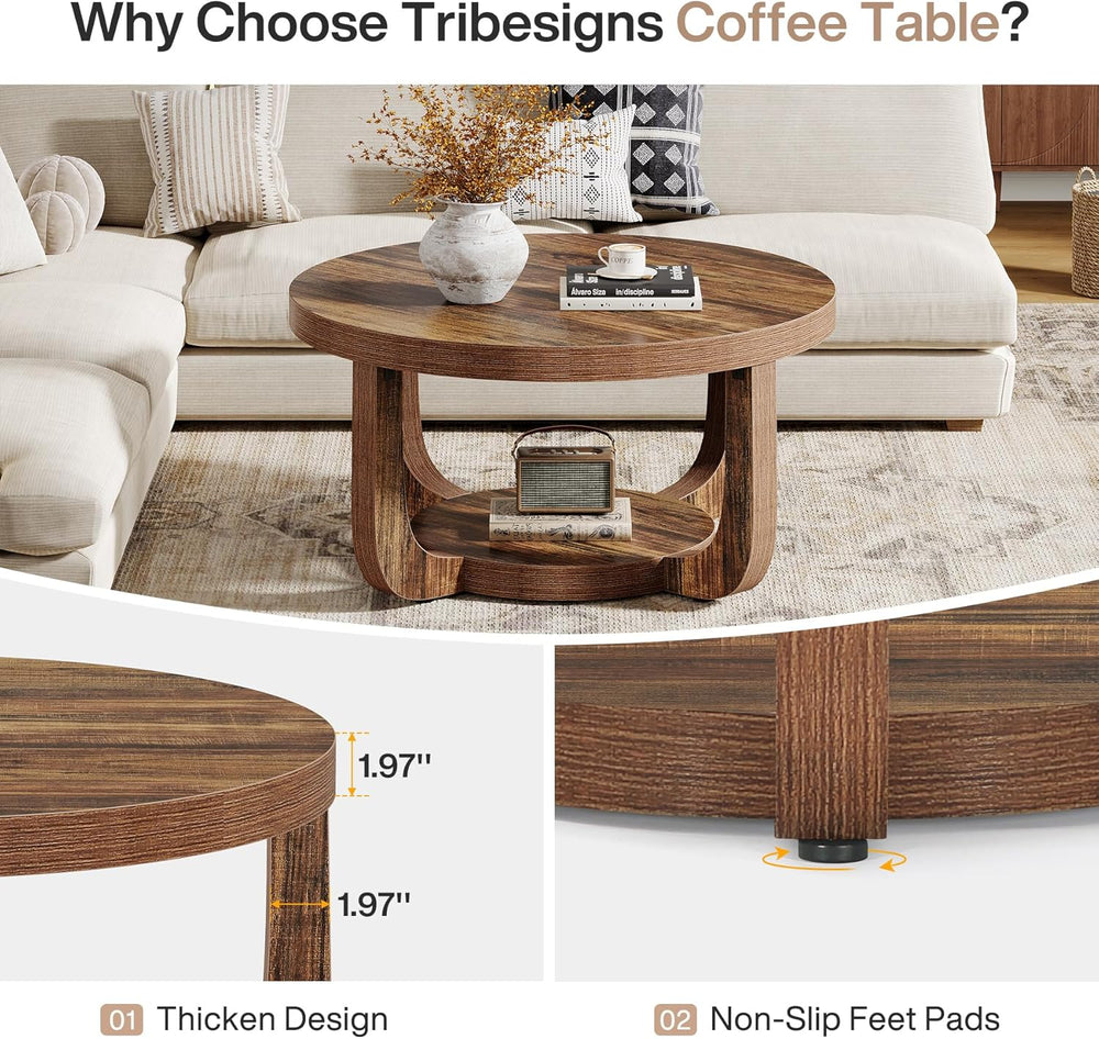 Tribesigns Round Coffee Table, 2-Tier Circle Coffee Table with Storage, Moder...