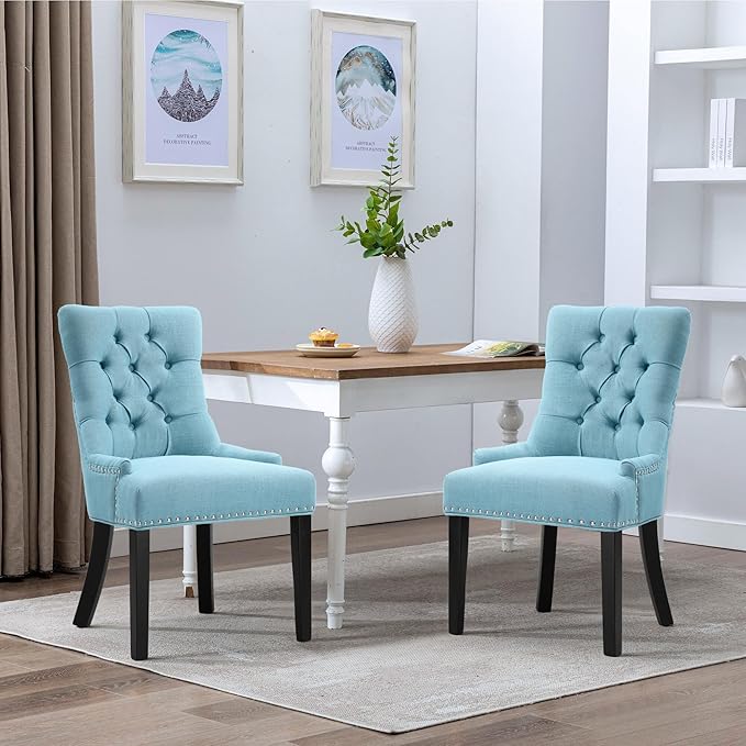 Modern Leisure Linen Dining Chairs Set of 2, Upholstered Dining Chair with Solid Wood Legs, Mid-Century Dining Room Chairs with Pull Ring and Tufted Backrest, Light Blue