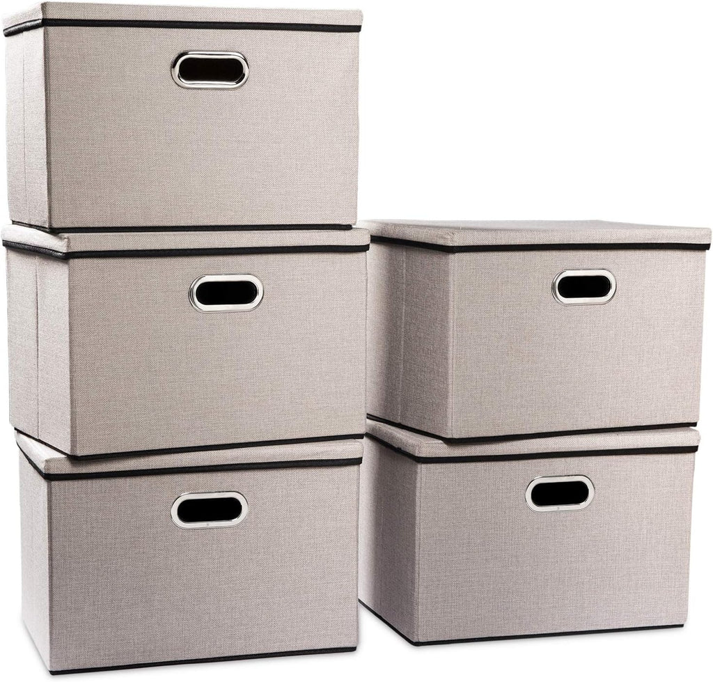 PRANDOM Large Foldable Storage Bins with Lids [5-Pack] linenFabric Decorative Storage Boxes Organizer Containers Baskets Cube with Handles Divider for Bedroom Closet Office Light Grey(17.7x11.8x11.8)