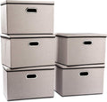 PRANDOM Large Foldable Storage Bins with Lids [5-Pack] linenFabric Decorative Storage Boxes Organizer Containers Baskets Cube with Handles Divider for Bedroom Closet Office Light Grey(17.7x11.8x11.8)