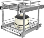 2-Tier Pull Out Cabinet Organizer (17.5" W x 22" D), Pull Out Shelves and Drawer for Kitchen Pantry Storage Basket, Heavy-Duty Metal Sliding Shelf, Chrome Finish