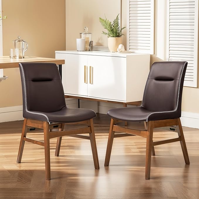 SyMax Dining Chairs Set of 8, Faux Leather Dining Room Chairs with Stitched Edge Trim, Modern High-End Kitchen Side Chairs for Bedroom, Living Room, Dark Brown