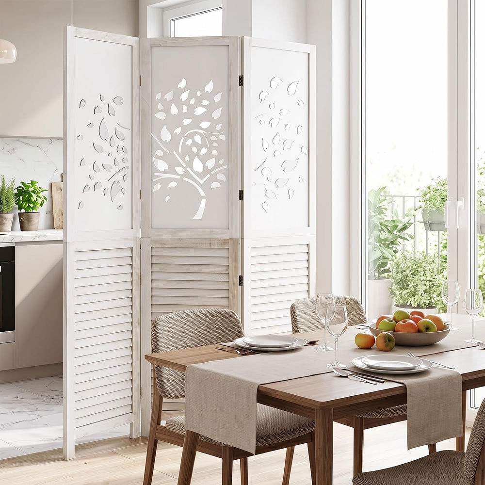 GIANTEX 3 Panel Folding Room Divider with Tree Leaf Cutout & Louvered Slats