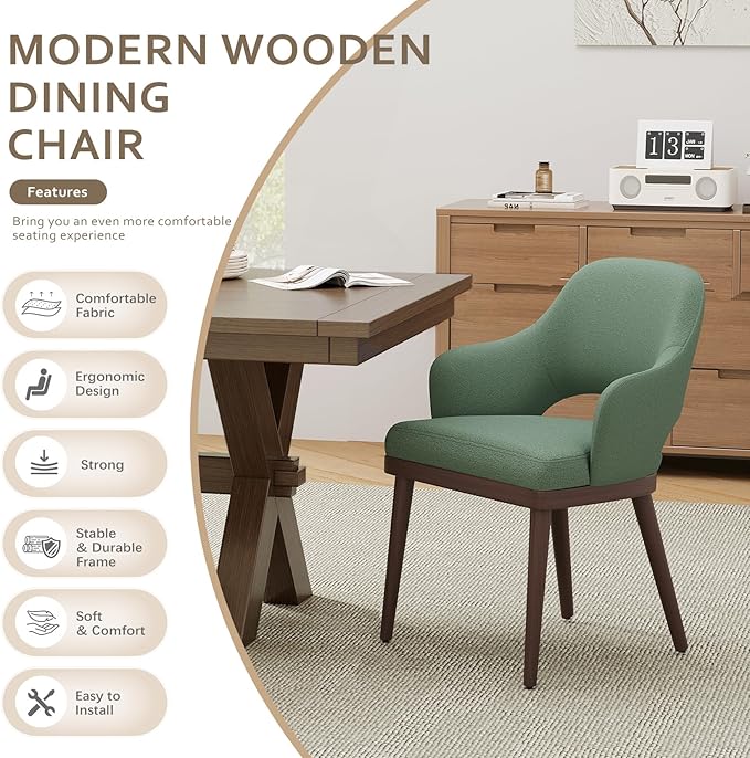 Wooden Dining Chairs Set of 4, Modern Fabric Upholstered Dining Room Chair, Kitchen Side Chairs, Farmhouse Dinner Chair with Open Back for Kitchen, Green