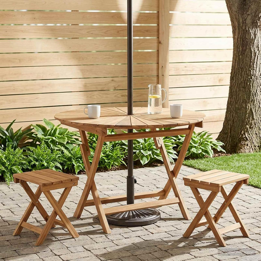 Round Solid Teak Folding Table with Water-Based Finish, 43.31 x 29.53 in, Sla...