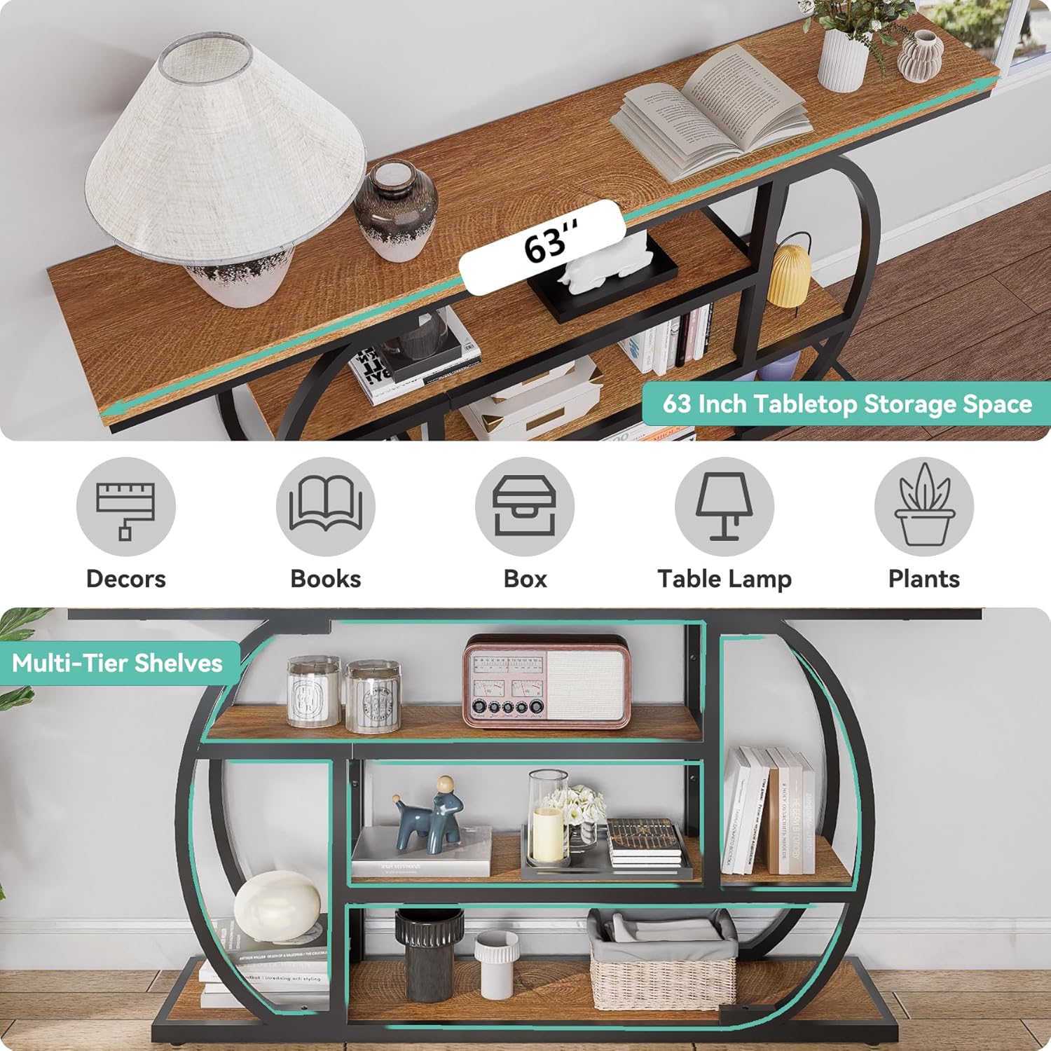 63” Industrial Console Table with 4-Tier Display Shelves, Narrow Long Sofa Table Behind Couch, Entryway/Hallway/Foyer Accent Table with Metal Frame for Living Room (Natrual Wood)