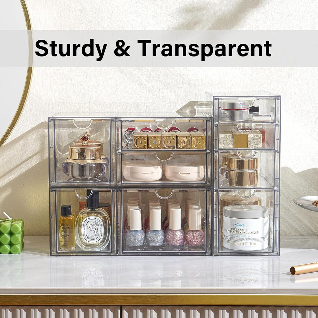 Prsildan Acrylic Drawer Makeup Organizer with 9 Drawers, Set of 3 Office Desk Organizers Accessories, Clear Stackable Storage Drawers for Vanity, Countertop, Craft, Jewelry, Art Supply Organization
