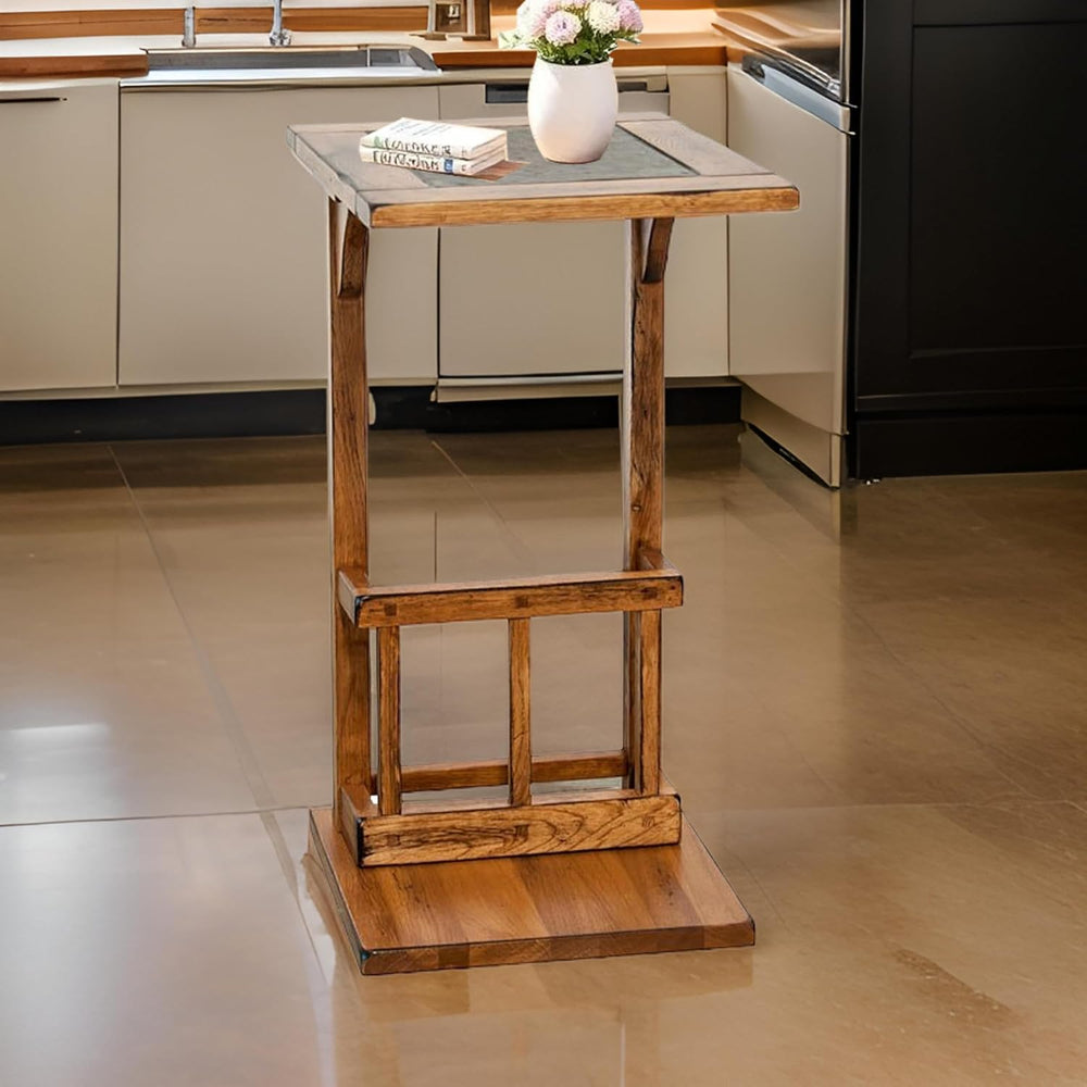 Benzara Marv Side Table with Magazine Rack- 13 Inch- Rustic Oak Finish Wood