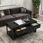 Multi-Functional Coffee Table with Foot-Sensor Light and 2 Drawers | Black, Modern, Large Open Shelf, Sturdy Frame Versatile, Vintage Metal Handle, Suitable for Living Room/Office/Outdoor Patio,