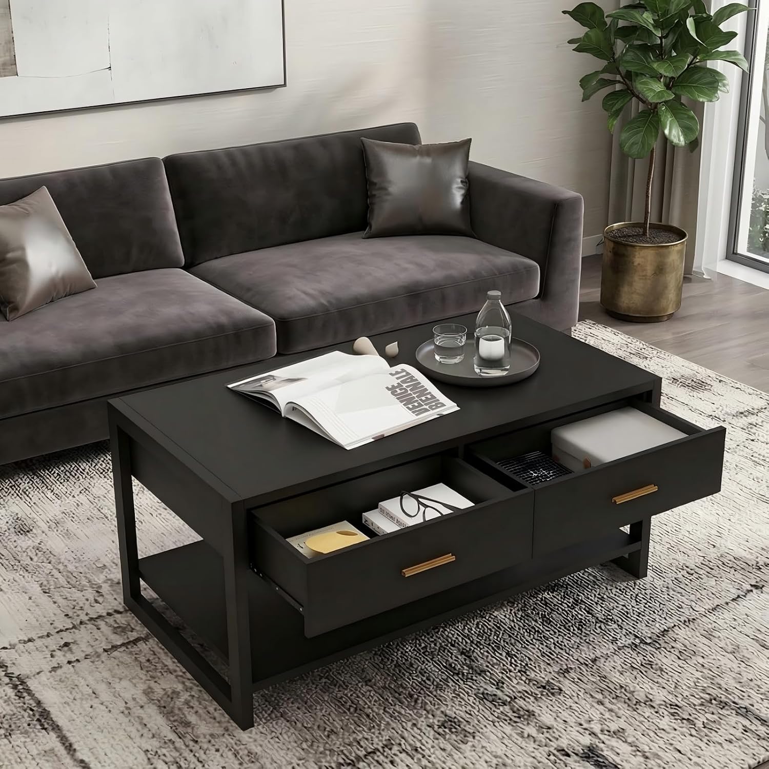Multi-Functional Coffee Table with Foot-Sensor Light and 2 Drawers | Black, Modern, Large Open Shelf, Sturdy Frame Versatile, Vintage Metal Handle, Suitable for Living Room/Office/Outdoor Patio,