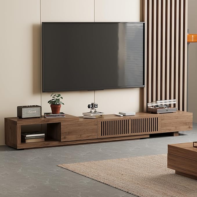 Mid-Century Style TV Stand 94.48", Entertainment Center for TVs up to 70"-90" with 4 Storage Cabinets, Walnut Media Console for Living Room or Bedroom (78.54"-103")