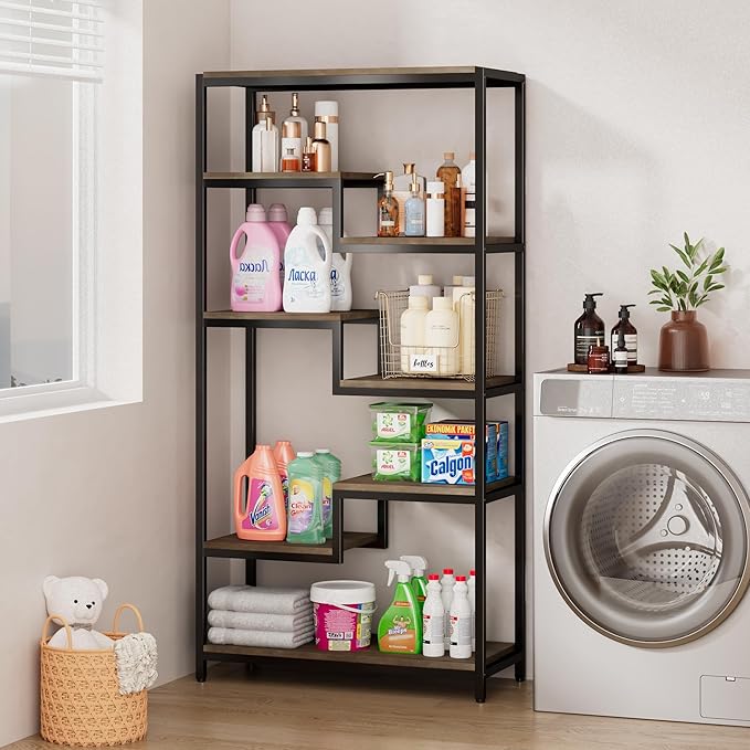 Solid Wood Industrial Tall Bookshelf - 7 Tier Staggered Bookshelves, 55’’H Rustic Brown Vintage Bookcase, Free Standing Open Bookshelf, Shelving Units Organizer for Bedroom Office Living Room.