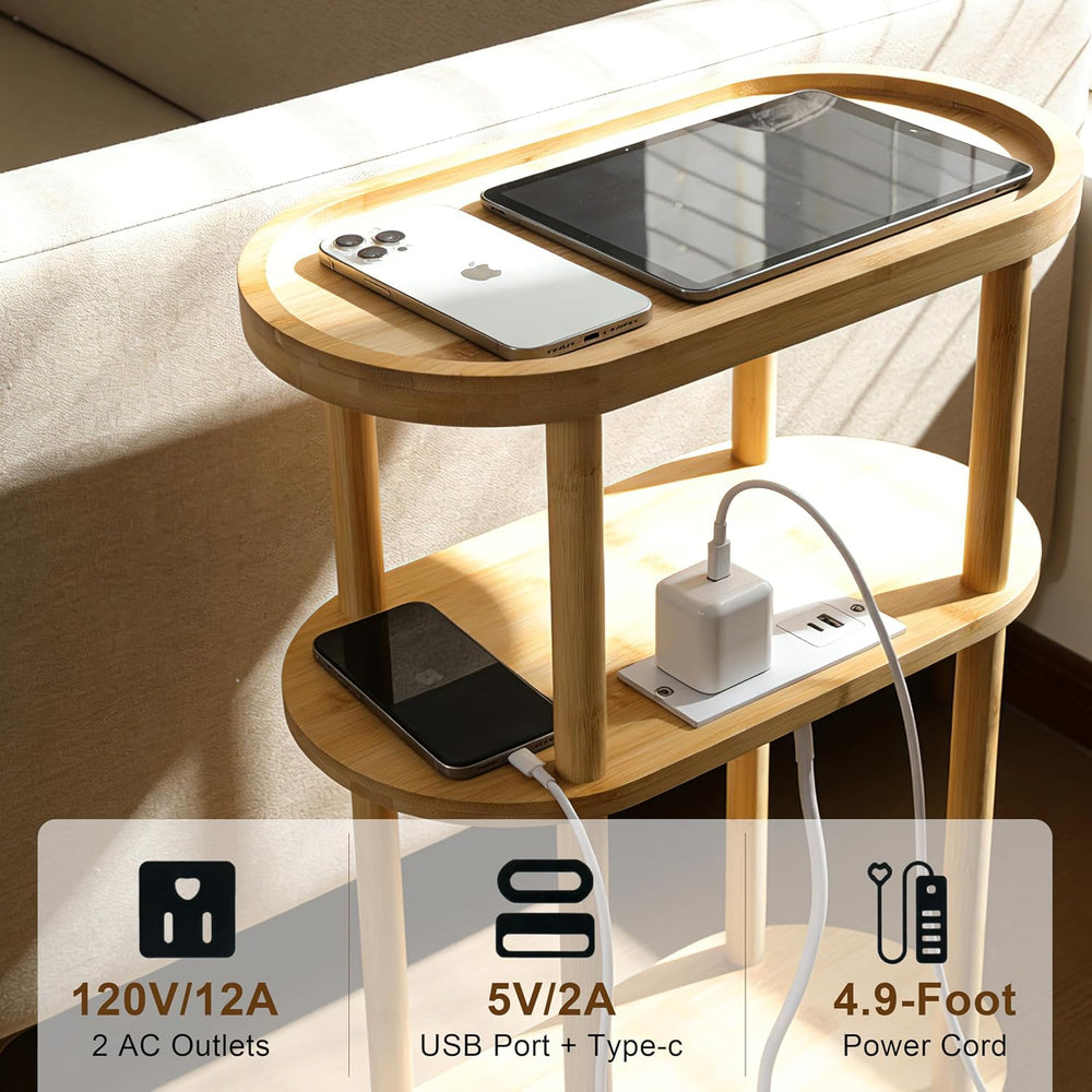 Side Table, Nightstand with Charging Station — Bamboo Narrow End Table with 3...