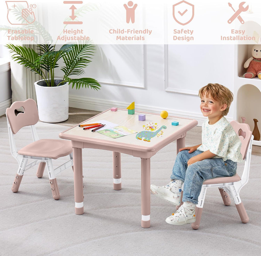 DOREROOM Kids Table & 2 Chairs, Height Adjustable (17.7"-26.1"), Pink-W | Graffiti Desktop,Table Supports 300 lbs,Toddler Ages 3-8，Children Multi-Activity Table Set for Playroom, Daycare, Classroom