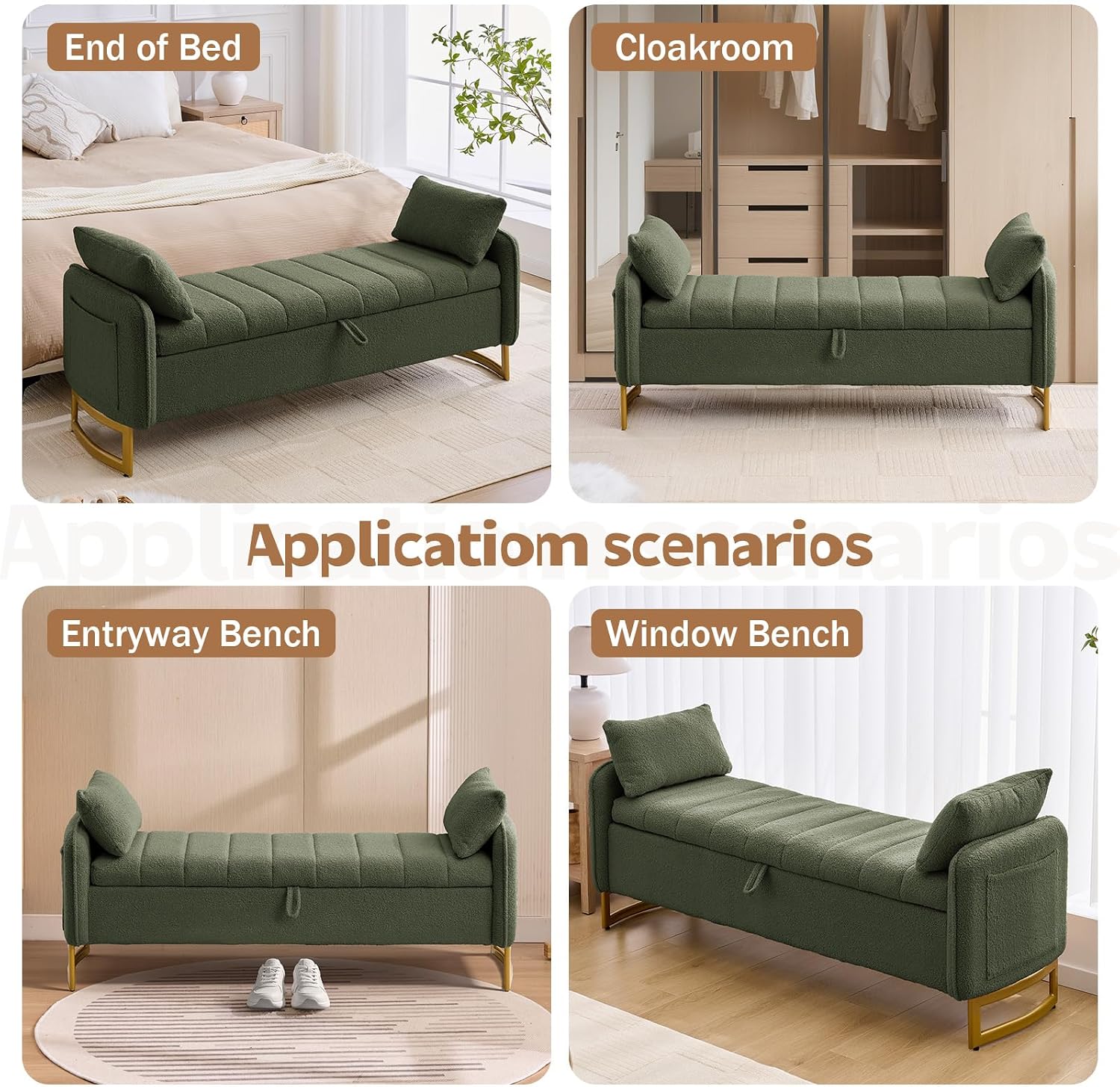 66'' King Size Storage Bench for Bedroom, Teddy Boucle End of Bed Benches for Foot of Bed, Storage Ottoman Bench with Golden Legs and Pockets for Living Room Window Entryway, Green