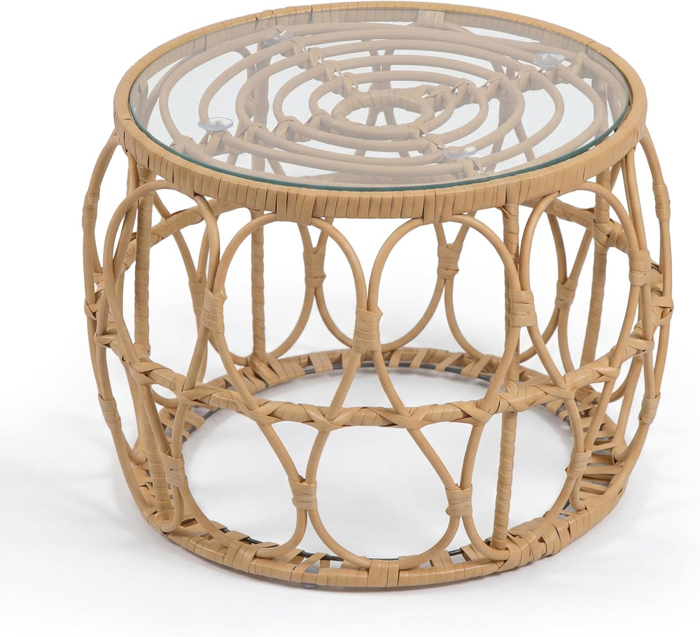 Furniture of America Ysar Boho Rattan Round Coffee Table Outdoor with 5mm Tem...