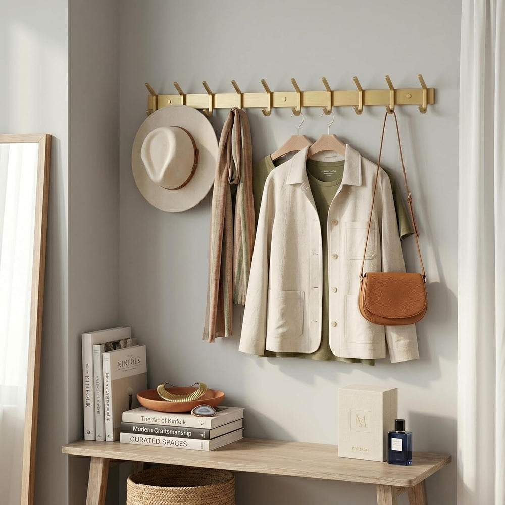 Brushed Gold Wall Mounted Coat Rack – 30 Inch Stainless Steel Rail with 10 Do...