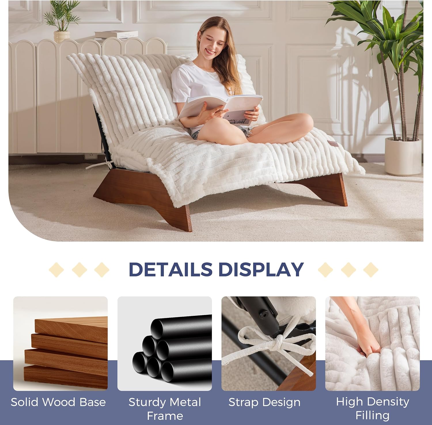 MAXYOYO Adjustable Living Room Chair, 3-Position Bean Bag Chair with Frame | Upholstered Accent Chair with Frame, Removable Cushion, Soft Reclining Lounge for Bedroom, Apartment, Office, Beige