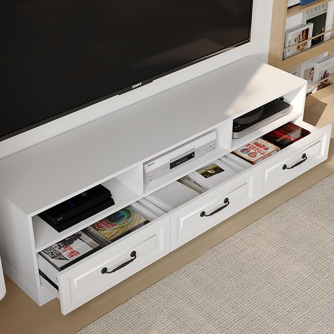 2 Piece Entertainment Center with Storage, Includes 70" TV Stand with Shelves & Drawes, Wall Display Cabinet, Modern TV Console for Living Room, White (Modern White)