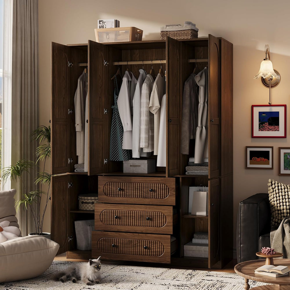 TOKSOM 4 Doors Freestanding Armoire Wardrobe Closet, 72" Walnut Wardrobe...