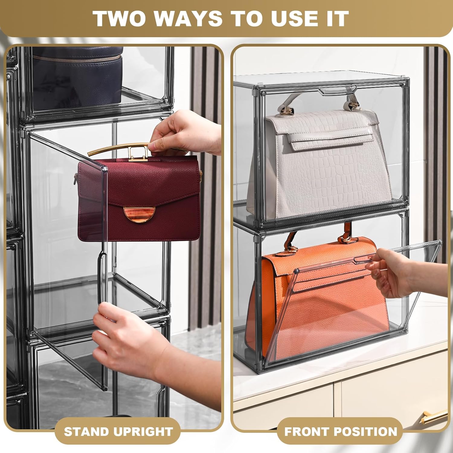 4 Pack Handbag Storage Organizer for Closet, ULENDIS Transparent Gray Acrylic Display Case for Handbag Purse, Stackable Storage Organizer with Magnetic Door for Wallet Book Cosmetic Toys Display