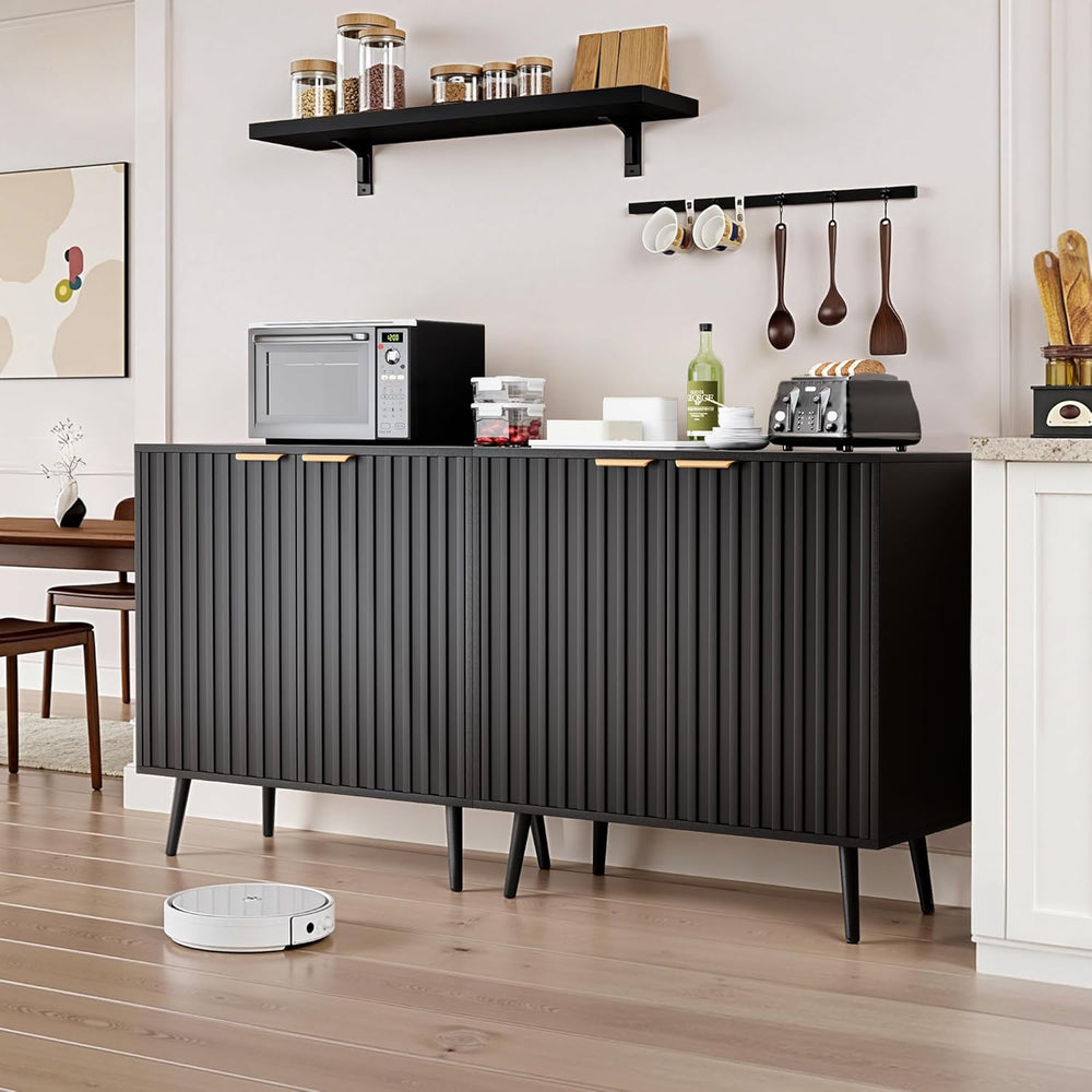 Black Fluted Buffet Cabinet, Free Standing Sideboard with Storage, Wood Accen...