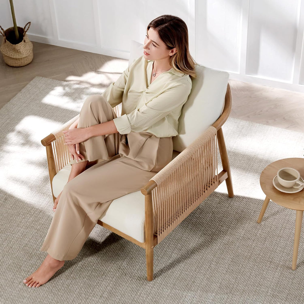 CHITA Braid Accent Chair Set of 2, Wood Frame and Paper-Cord Armrest, Cream |...
