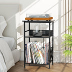 DALEMHOME Record Player Stand with Charging Station, 3-Tier Side Table for 100 Vinyl Storage, End Table for Living Room, Bedroom, Black HKET1002BK