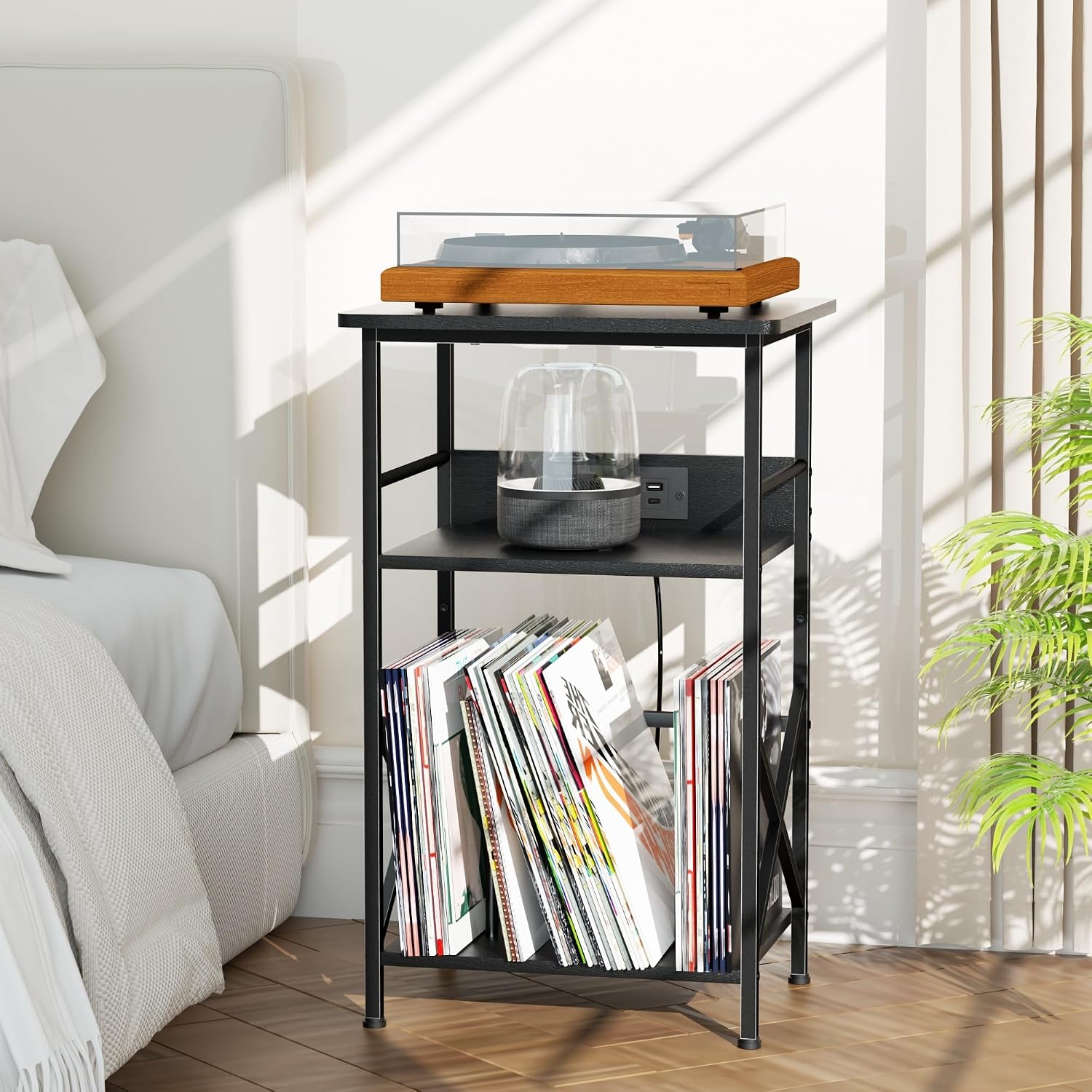 DALEMHOME Record Player Stand with Charging Station, 3-Tier Side Table for 100 Vinyl Storage, End Table for Living Room, Bedroom, Black HKET1002BK