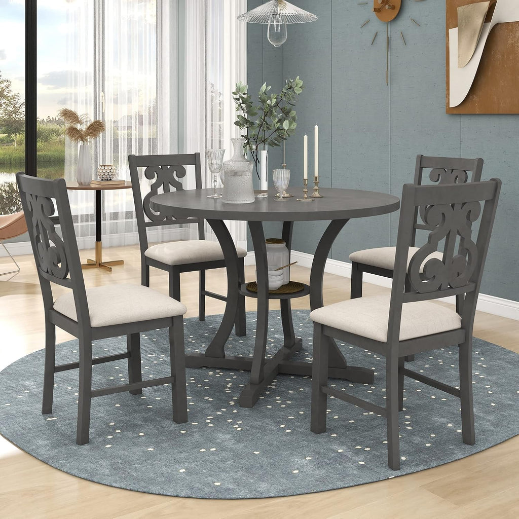 Merax 5 Piece Round Dining Table Set 4 Retro Chairs with Special-Shaped Table Legs, Exquisitely Designed Hollow Chair Back for Dining Room, Grey