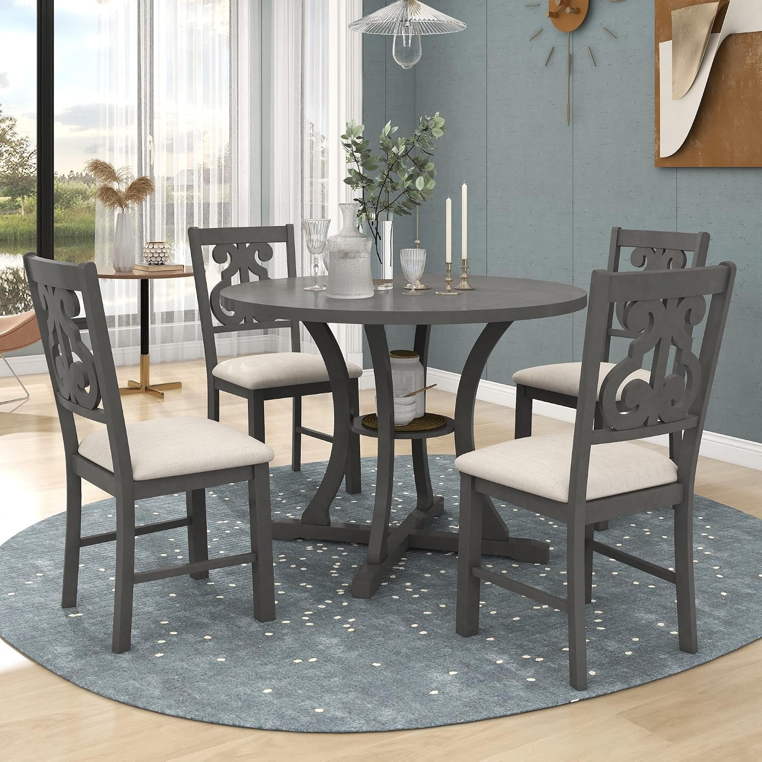Merax 5 Piece Round Dining Table Set 4 Retro Chairs with Special-Shaped Table Legs, Exquisitely Designed Hollow Chair Back for Dining Room, Grey