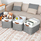 DULLEMELO Large Storage Baskets, Fabric Storage Basket with Leather Handles for Shelves Closet Nursery Toy Storage, Collapsible Fabric Baskets for Toy Book Magazine Towel Organizers(White&Gray)