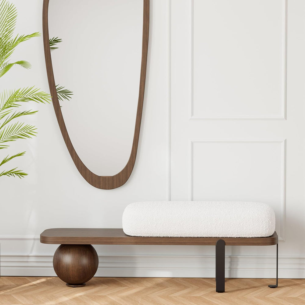 homary Entryway Bench, Modern Wooden Boucle Upholstered Bench with Abstract M...