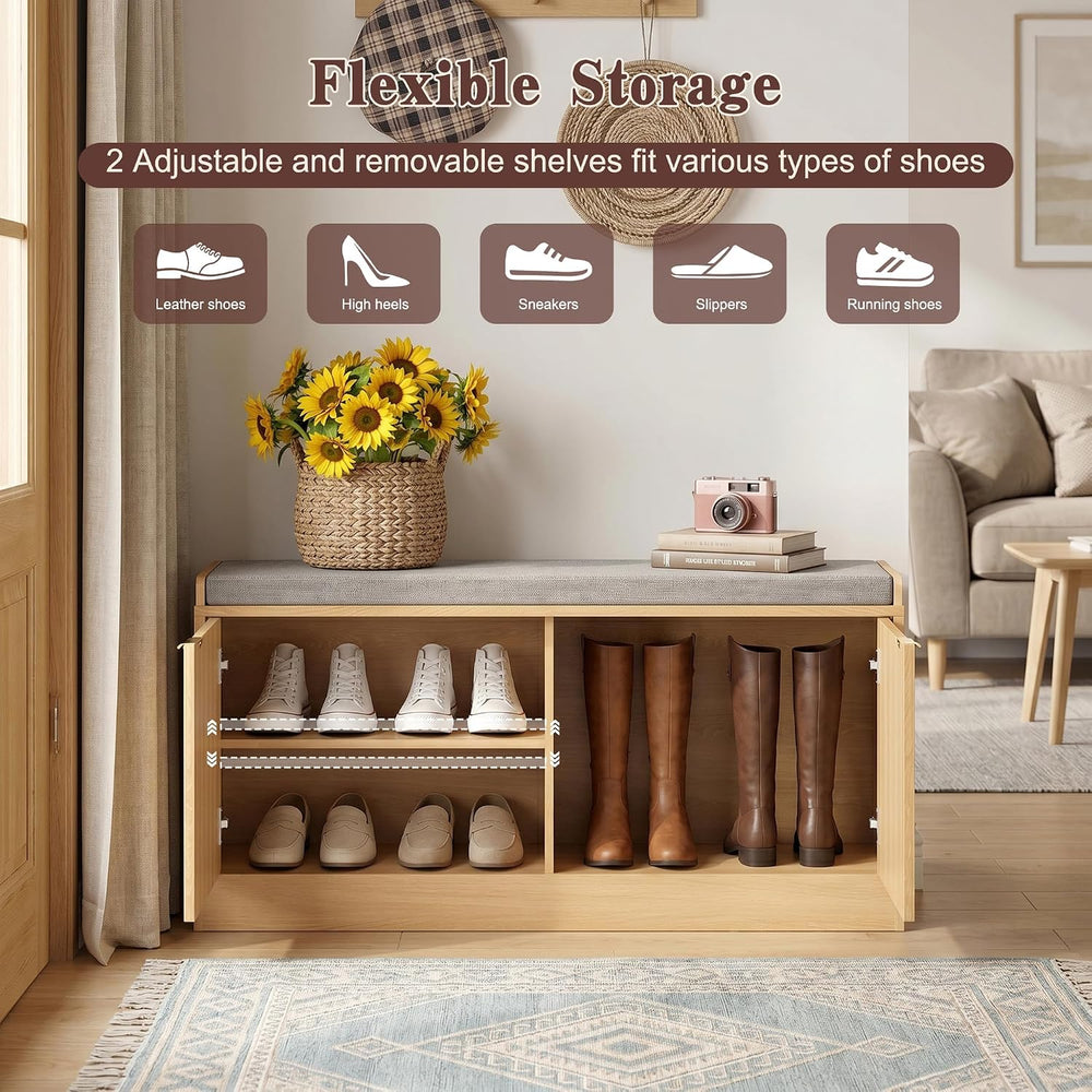 Fluted Shoe Storage Bench with Cushion, 2-Tier Entryway Shoe Bench with Adjus...
