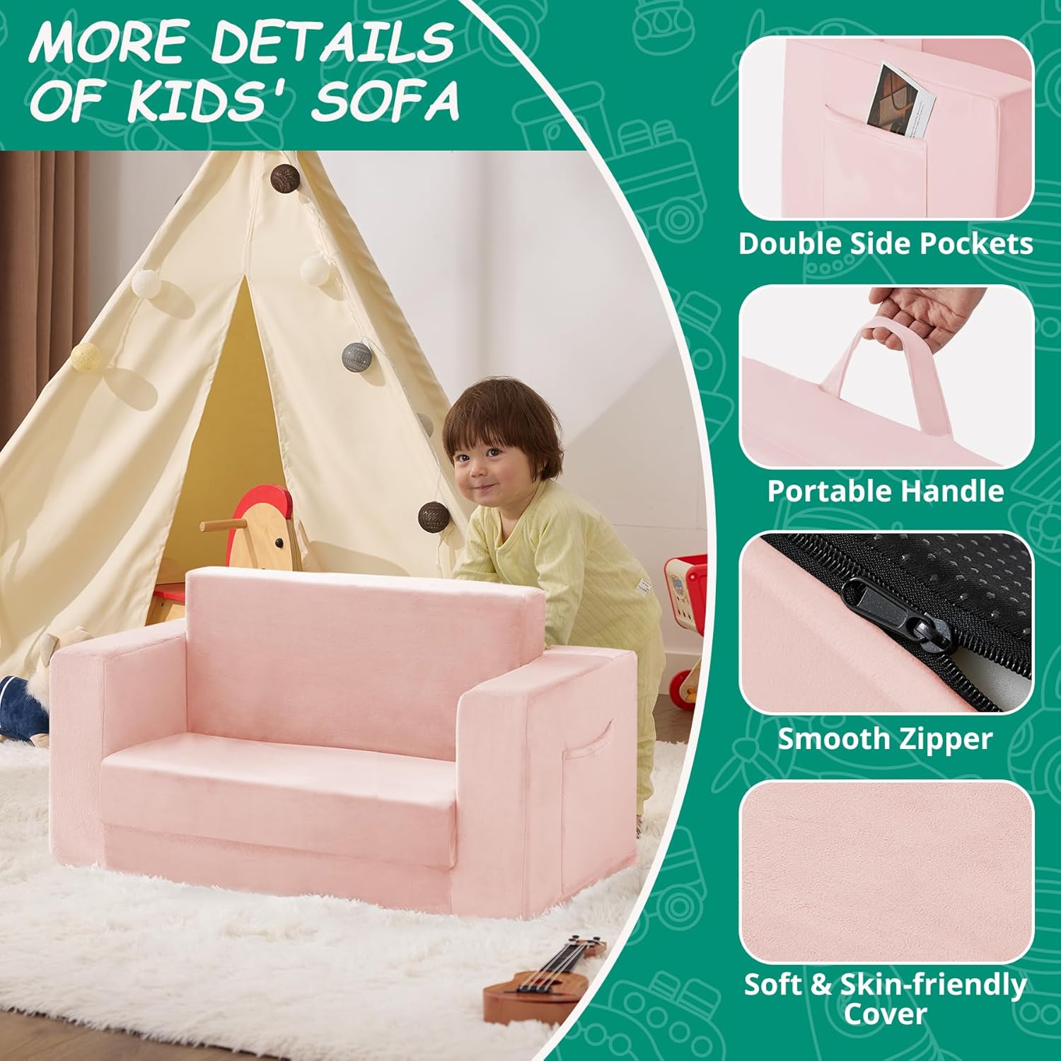 Kids Couch, 2-in-1 Toddler Chair Comfy 1-3 Years, Convertible Kids Chair, Toddler Couch that Fold Out, Kid Lounge Chairs for Boys and Girls Gifts, Kids Recliner, Double, Pink