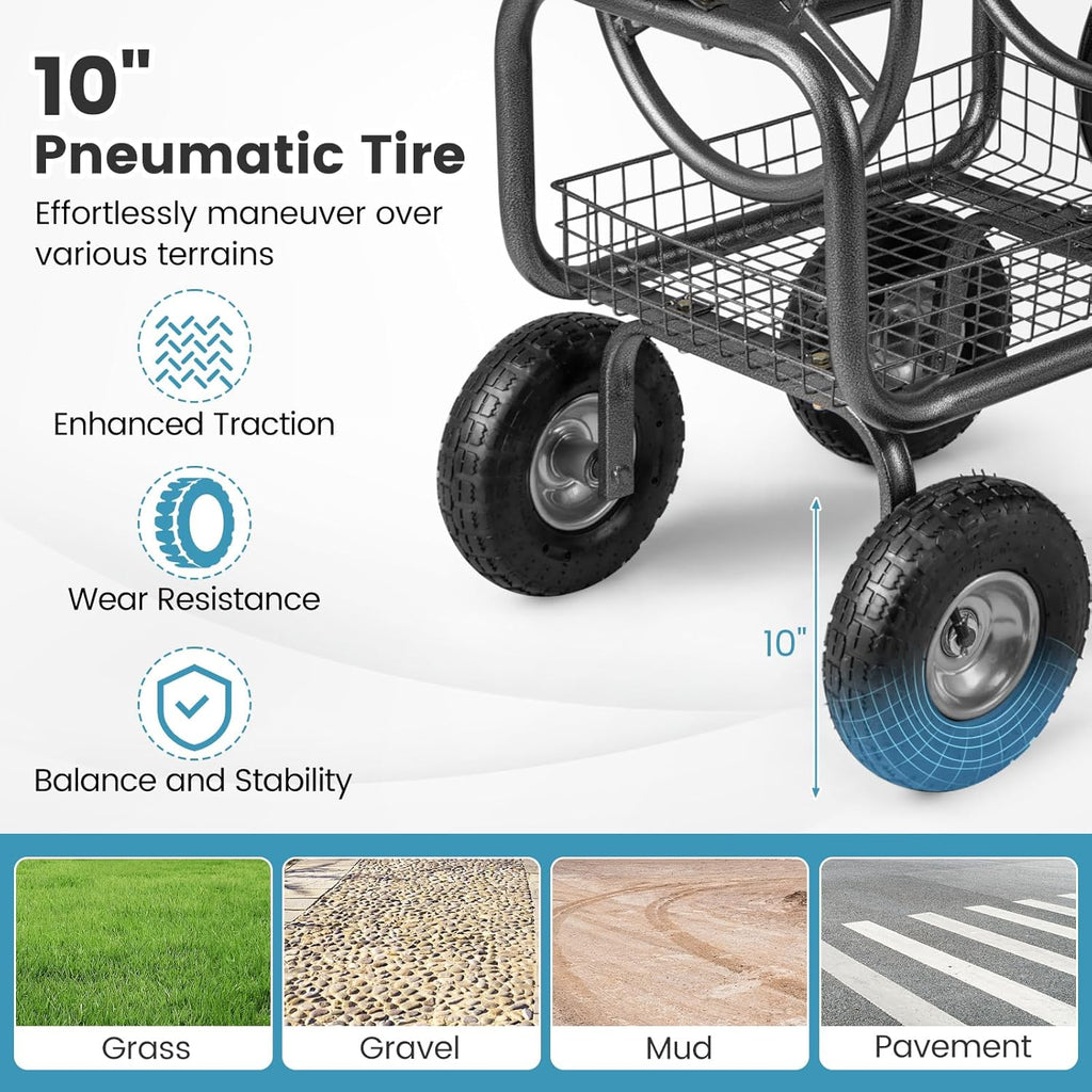 Goplus Garden Hose Reel Cart, 300 FT of 5/8" Large Capacity, Heavy-Duty Metal Hose Cart w/ 4 Wheels, Storage Basket, Portable Water Hose Organizer for Outside Yard, Outdoor Planting Tool (Black)