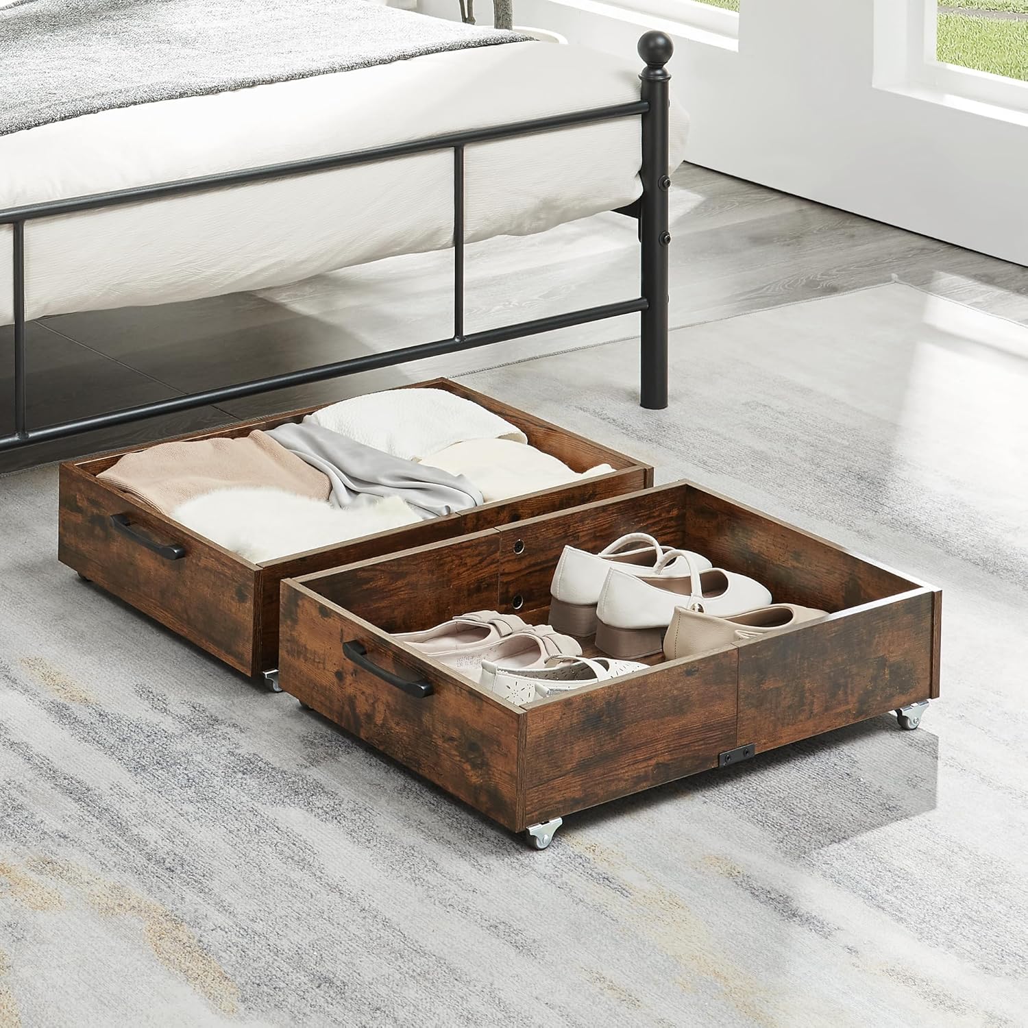 Under Bed Storage with Wheels, 2-Pack Under Bed Shoe Storage Organizer Drawer, Composite Wood Organizer for Shoes Clothes Containers in Bedroom for Clothes,Shoes(Brown)