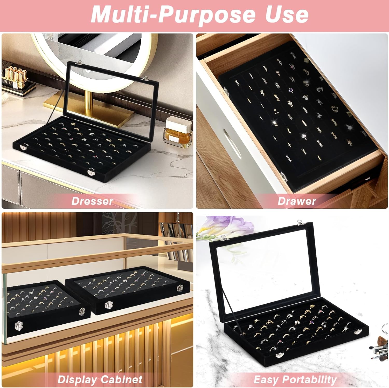 Ring Organizer for Jewelry, Ring Holder Box with Clear Lid, Dustproof Velvet Rings Display Tray Storage Case, 100 Slot Glass Top Jewelry Tray Drawer Insert for Multiple Rings Studs Earring (Black)
