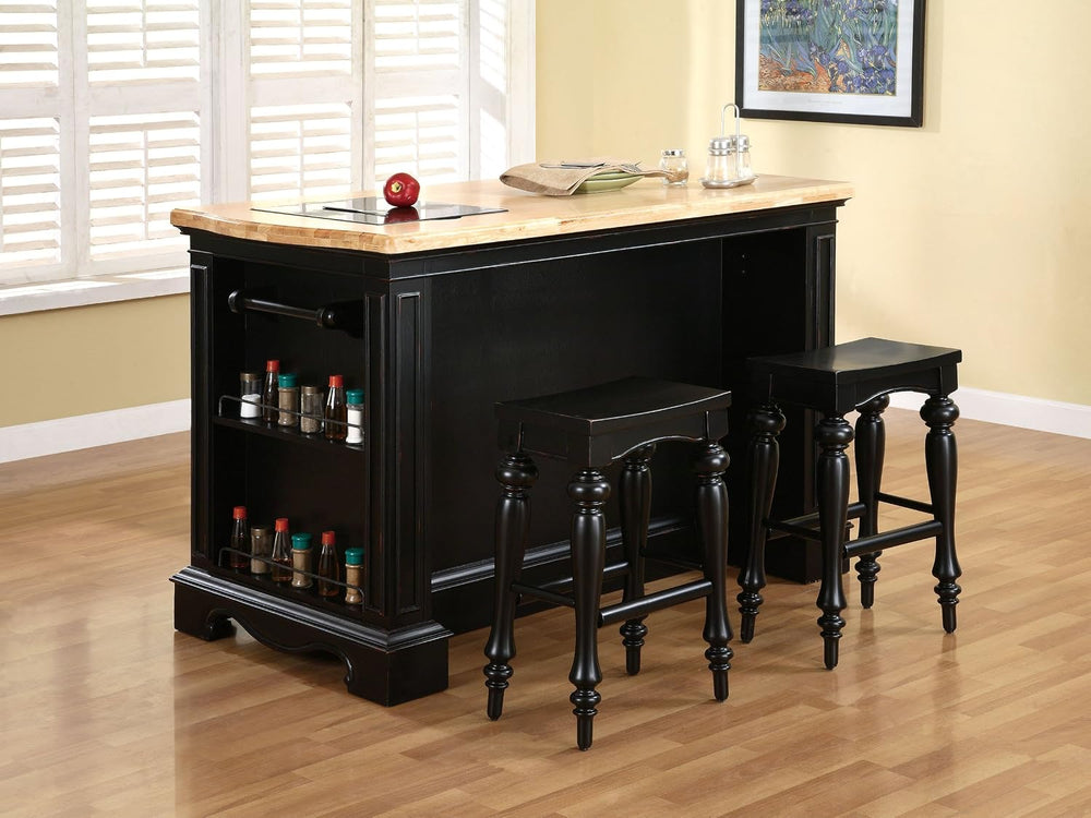 Powell Linon Pennfield Kitchen Island Natural Top Ample Storage in Black Wood...