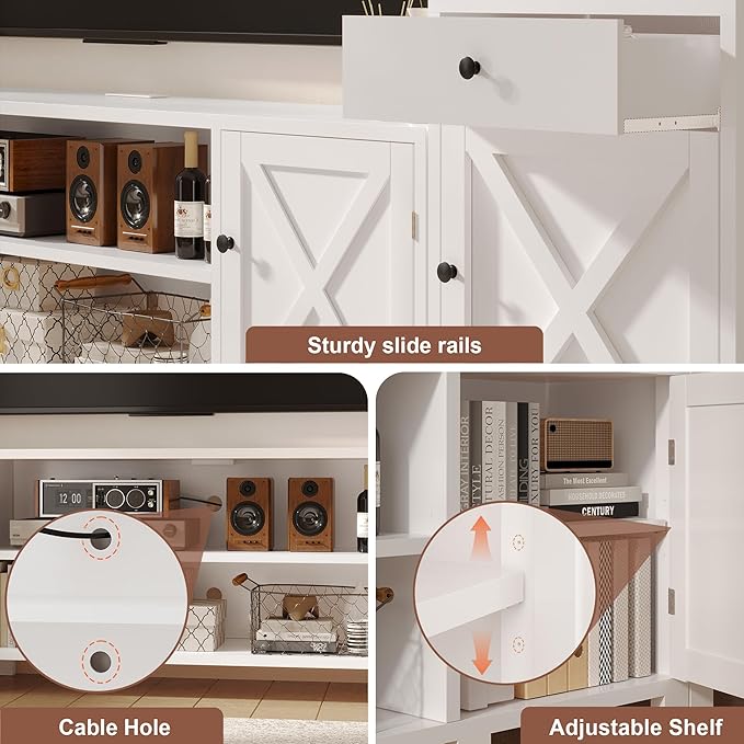 94" W Entertainment Center with Bookshelves & Storage, Large Wall Unit TV Stand for TVs up to 70", Modern White Wood Media Console with Power Hub for Living Room (White)