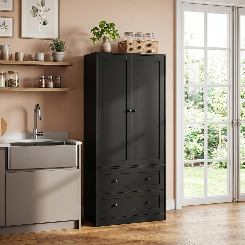DIYART 64.2" Tall Black Kitchen Pantry, Storage Cabinet with Doors and D...