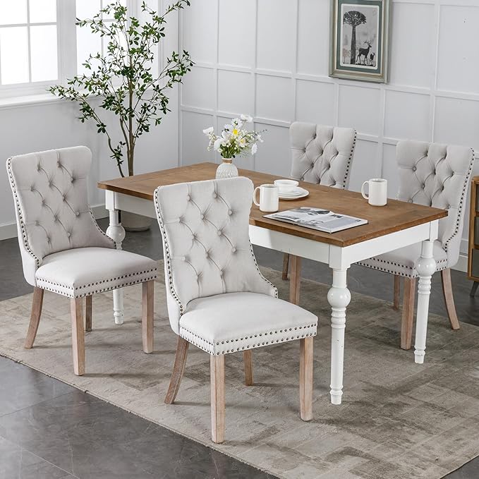 Modern Dining Chairs Set of 2, Tufted Upholstered Dining Chairs with Solid Wo...