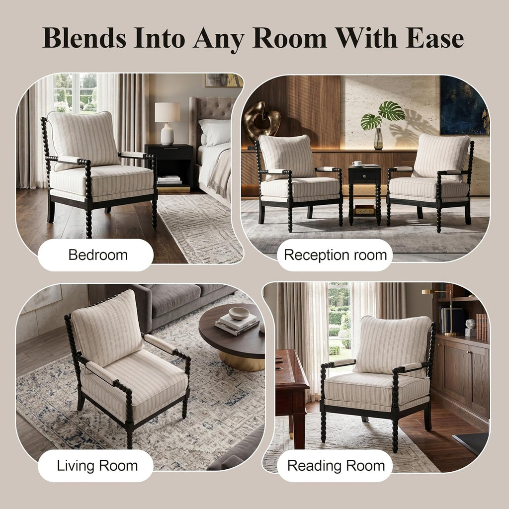 DUHOME Linen Fabric Spindle Accent Chair Set of 2,Bobbin Chair with High Resilience Spring Cushion and Armrest Pads, Leisure Armchair for Living Room Bedroom Farmhouse Home Office Belcony