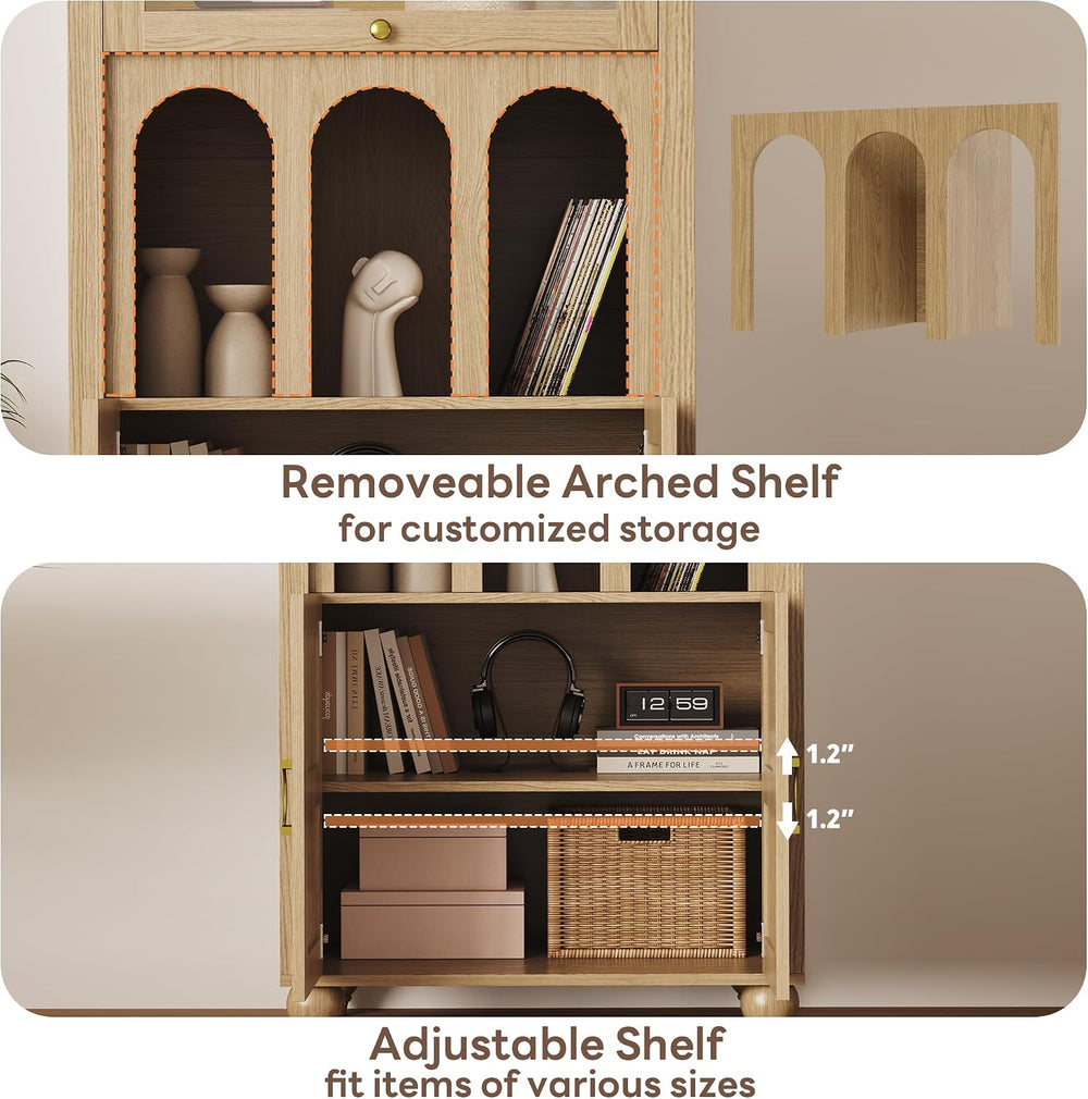 LIKIMIO 72.8'' Tall Arched Cabinet with LED Light, Rattan Door, Natur...