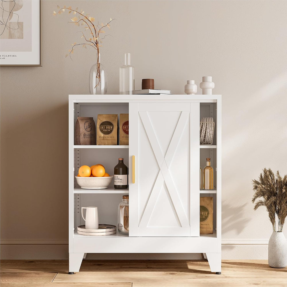 COFaR White 37" H Sliding Door Storage Cabinet, Half Open Half Closed De...