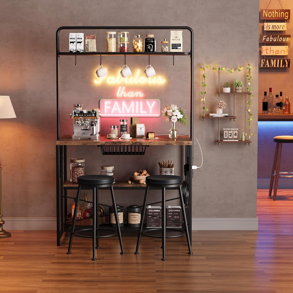 Garvee 3-Tier Small Kitchen Island with Power Outlet&2 Bar Stools, Vintag...