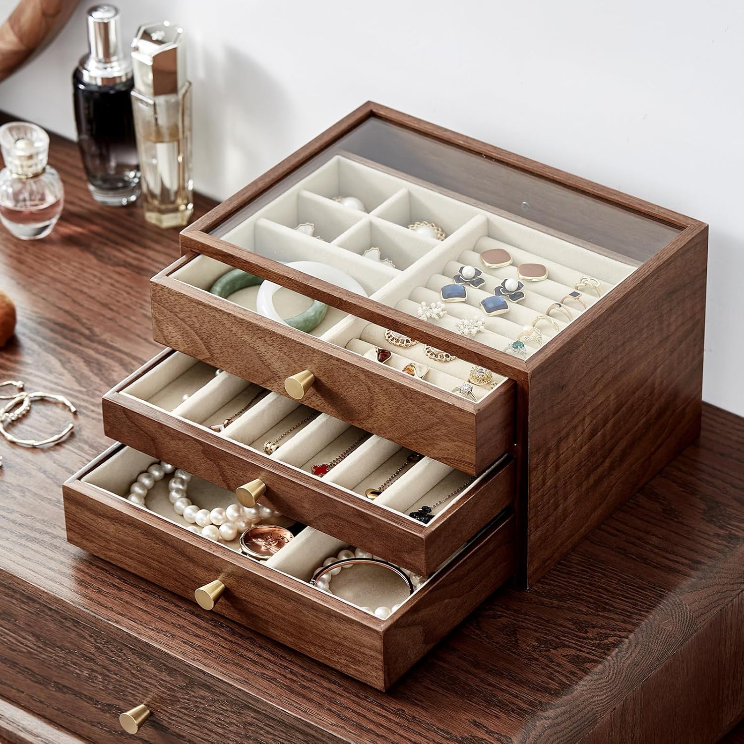 CHOSIN Black Walnut Wooden Jewelry Box for Women, 3-Layer Wood Jewelry Organizer with Glass Lid for Watches, Necklaces, Rings & Earrings Storage Christmas Gifts