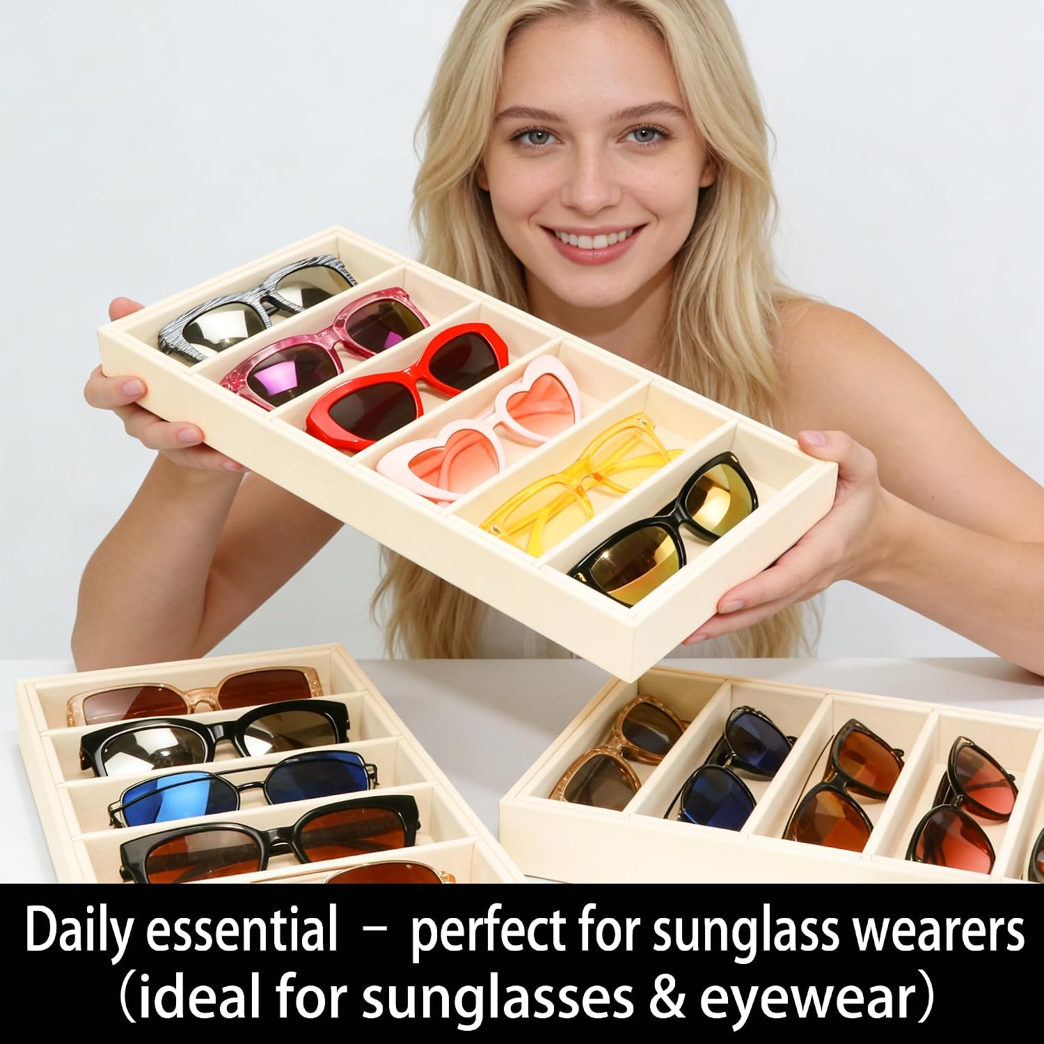 2 Pack Velvet Sunglasses Tray Stackable Eyeglasses Display Case Removable Jewelry Organizer Tray for Multiple Glasses, Reading Glasses, Earring Necklace Jewelrys Showcase, Beige