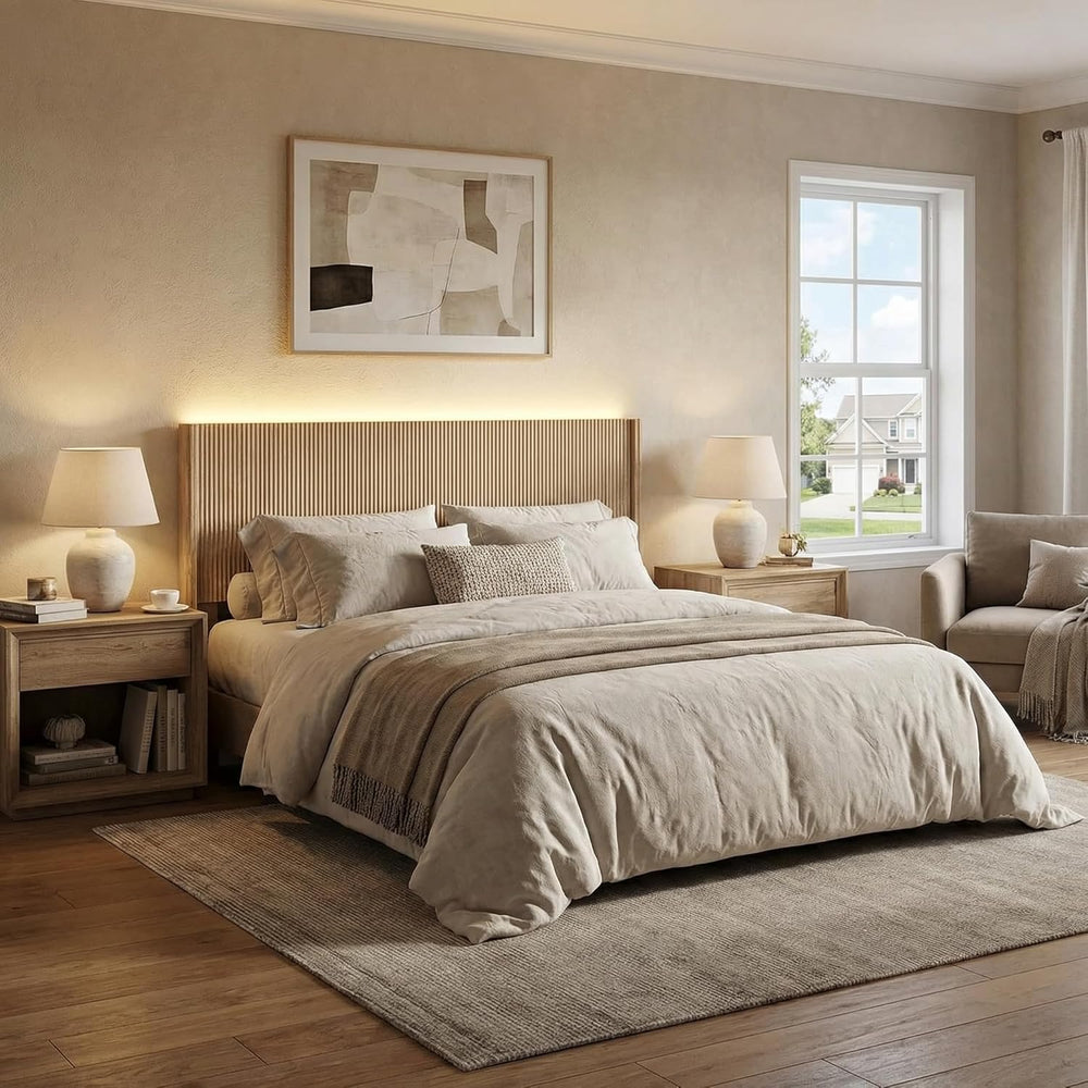 Queen Size Headboard Only, Modern Fluted Wall-Mounted Head Board with Lightin...